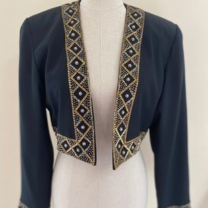 Vntg Morgan Taylor BlackGold Beaded Cropped Jacket